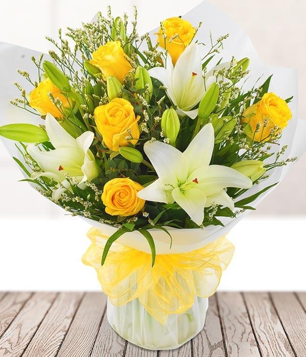 Yellow Rose and Lily Handtied